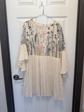 Altar'd State Cream Tunic with Pink and Green Floral Embroidery